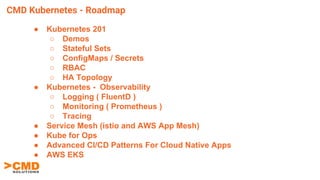 CMD Kubernetes - Roadmap
● Kubernetes 201
○ Demos
○ Stateful Sets
○ ConfigMaps / Secrets
○ RBAC
○ HA Topology
● Kubernetes - Observability
○ Logging ( FluentD )
○ Monitoring ( Prometheus )
○ Tracing
● Service Mesh (istio and AWS App Mesh)
● Kube for Ops
● Advanced CI/CD Patterns For Cloud Native Apps
● AWS EKS
 