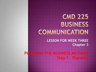 LESSON FOR WEEK THREE
Chapter 3

PLANNING THE BUSINESS MESSAGE
Step 1 - Planning

 