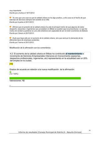 muy importante
Escrito por j.muñoz el 18/11/2012

    Yo creo que una cosa es que la calidad urbana se ha algo positivo, y otra cosa es el hecho de que
este tipo de Servicios siempre han existido en la Villa.
Escrito por b.peña el 20/11/2012

   Afirmar que el aumento de la calidad urbana ha sido el principal motivo de que algunos de estos
despacho, asesorías o ingenierías que ya estaban en Bilbao se queden aquí es presuntuoso. Lo que les
motiva de verdad a quedarse es una urbe dinámica con capacidad de ser el motor económico de Bizkaia.
Escrito por f.brezo el 20/11/2012

     Dudo que haya sido por el aumento de la calidad urbana, sino que será por la demanda de los
diferentes tipos de empresas existentes.
Escrito por f.serna el 20/11/2012


Modificación de la afirmación con los comentarios:


4.2. El aumento de la calidad urbana en Bilbao ha contribuido al mantenimiento e
incremento de Servicios Empresariales Intensivos en Conocimiento (asesorías,
despachos profesionales, ingenierías, etc) representando en la actualidad casi un 20%
del empleo en la ciudad.
[15]

Grados de acuerdo en relación a la nueva modificación de la afirmación:

(12 / 100%)



Valoraciones: 12

–




                                                                                                        42
              Informe de resultados [Consejo Municipal de Distrito 8 – Basurto-Zorroza]
 