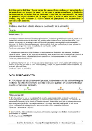 distritos, entre distritos y hacia zonas de equipamientos urbanos y servicios. Los
parques deben ser lugares de paso y no barreras urbanas amuralladas o diseñadas
para encerrarse, las calles han de pensarse como vías de comunicación para que
las personas vayan andando de un lugar a otro y priorizar esto sobre el tráfico
rodado. Hay que repensar la ciudad desde la perspectiva de accesibilidad y
comunicación peatonal.
[19]
Grados de acuerdo en relación a la nueva modificación de la afirmación:

(12 /92%)                                                                                 (1 / 8%)

Valoraciones: 13

Estoy de acuerdo en la peatonalización de algunas zonas pero no me gusta esa sensación de pensar en el
coche como elemento hostil de la ciudad. Hay veces que necesitas utilizar tu vehículo para llevar a una
persona a una clínica, a rehabilitación y lo único que encuentras son verdaderas complicaciones para
acercarte a tu destino. Creo que hay que ser muy consciente de lo que peatonalizamos y dar salida a los
problemas de los que nos vemos necesitados de usar nuestro coche.
Escrito por mb.gomez el 18/11/2012

El coche no sirve para multitud de usos en la ciudad: ostentosos, comodidad mal entendida, recorridos
cortos sin bultos. Cuando se dan emergencias están los taxis, las ambulancias, los servicios de transporte a
casa que cada vez tienen más establecimientos y que llevan muchos paquetes en un solo vehículo.
Escrito por j.muñoz el 18/11/2012

El coche es un transporte que no tienes que estar a la espera de ningún horario, sobre todo en transportes
públicos, lo que hay que tener es unos buenos parking y utilizar con responsabilidad y adecuadamente. Si
no es así ¿para qué vale?.
Escrito por f.serna el 20/11/2012



C4.T4. APARCAMIENTOS

4.1. Sin perjuicio de los aparcamientos privados, la demanda diurna de aparcamiento para
residentes no está suficientemente atendida en el viario público o en aparcamientos bajo
rasante en régimen de concesión.

                       (12 / 55%)                                        (9 / 41%)                    (1 / 5%)


Valoraciones : 22
    En algunos lugares hay un exceso de oferta para los residentes (privado, concesión y viales). En
barrios antiguos la oferta es insuficiente para el número de vehículos de los residentes. Los vehículos de
residentes no deberían utilizar nunca los viales ni las calles para aparcar. Para ello se habrán de construir
aparcamientos subterráneos y se habrán de ofrecer a un precio adecuado para facilitar su uso. En la
misma medida deberán desaparecer los aparcamientos en viales para estos residentes.
Escrito por s.fernandez el 13/11/2012

   Los residentes debieran disponer de plazas soterradas a mejores precios: Debe ir desapareciendo el
aparcamiento en superficie
Escrito por j.muñoz el 18/11/2012


                                                                                                                54
            Informe de resultados [Consejo Municipal de Distrito 8 – Basurto-Zorroza]
 