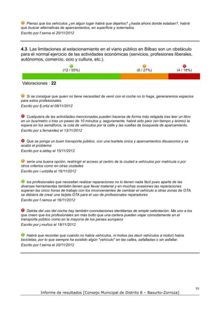 Pienso que los vehículos ¿en algún lugar habrá que dejarlos? ¿hasta ahora donde estaban?, habrá
que buscar alternativas de aparcamientos, en superficie y soterrados.
Escrito por f.serna el 20/11/2012



4.3. Las limitaciones al estacionamiento en el viario público en Bilbao son un obstáculo
para el normal ejercicio de las actividades económicas (servicios, profesiones liberales,
autónomos, comercio, ocio y cultura, etc.).

                          (12 / 55%)                                    (6 / 27%)                (4 / 18%)


Valoraciones : 22

   Si se consigue que quien no tiene necesidad de venir con el coche no lo haga, generaremos espacios
para estos profesionales.
Escrito por fj.ortiz el 08/11/2012

   Cualquiera de las actividades mencionadas pueden hacerse de forma más relajada tras leer un libro
en un bus/metro o tras un paseo de 10 minutos y, seguramente, habrá sido peor (en tiempo y ánimo) la
espera en los semáforos, la cola de vehículos por la calle y las vueltas de búsqueda de aparcamiento.
Escrito por s.fernandez el 13/11/2012

   Que se ponga un buen transporte público, con una txartela única y aparcamientos disuasorios y se
acabó el problema
Escrito por e.alday el 15/11/2012

    sería una buena opción, restringir el acceso al centro de la ciudad a vehículos por matricula o por
otros criterios como en otras ciudades
Escrito por i.untzilla el 16/11/2012

   los profesionales que necesitan realizar reparaciones no lo tienen nada fácil pues aparte de las
diversas herramientas también tienen que llevar material y en muchas ocasiones las reparaciones
superan las cinco horas de trabajo con los inconvenientes de cambiar el vehículo a otras zonas de OTA,
se debiera de crear una tarjeta OTA para el uso de profesionales reparadores
Escrito por f.ramos el 16/11/2012

    Detrás del uso del coche hay también connotaciones identitarias de simple ostentación. Me uno a los
que creen que los profesionales sin más bulto que una cartera pueden viajar cómodamente en el
transporte público como en la mayoría de los países europeos
Escrito por j.muñoz el 18/11/2012

    Habrá que recordar que cuando no había vehículos, ni motos (es decir vehículos a motor) había
bicicletas, por lo que siempre ha existido algún "vehículo" en las calles, asfaltadas o sin asfaltar.
Escrito por f.serna el 20/11/2012




                                                                                                             55
            Informe de resultados [Consejo Municipal de Distrito 8 – Basurto-Zorroza]
 