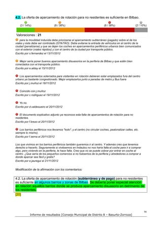 4.2. La oferta de aparcamiento de rotación para no residentes es suficiente en Bilbao.

    (3 / 14%)                    (8 / 38%)                                  (8 / 38%)                  (2 / 10%)


Valoraciones : 21
    para la movilidad inducida debe priorizarse el aparcamiento subterráneo (pagado) sobre el de los
viales y éste debe ser controlado (OTA/TAO). Debe evitarse la entrada de vehículos en el centro de la
ciudad (penalizarse) y que se dejen los coches en aparcamientos periféricos urbanos bien comunicados
con el exterior (viales rápidos) y con el centro de la ciudad por transporte público.
Escrito por s.fernandez el 13/11/2012

   Mejor sería poner buenos aparcamiento disuasorios en la periferia de Bilbao y que estén bien
conectados con el transporte público.
Escrito por e.alday el 15/11/2012

   Los aparcamientos soterrados para visitantes en rotación debieran estar emplazados fura del centro
urbano ya bastante congestionado. Mejor emplazarlos junto a paradas de metro y Bus fuera
Escrito por j.muñoz el 18/11/2012

   Coincido con j.muñoz
Escrito por c.rodriguez el 19/11/2012

   Yo no.
Escrito por d.valdesueiro el 20/11/2012

    El documento explicativo adjunto ya reconoce esta falta de aparcamientos de rotación para no
residentes.
Escrito por f.brezo el 20/11/2012

   Los barrios periféricos nos llevamos "todo", y el centro (no circular coches, peatonalizar calles, etc.
siempre lo mismo).
Escrito por f.serna el 20/11/2012

Los que vivimos en los barrios periféricos también queremos ir al centro. Y además creo que tenemos
derecho a hacerlo. Seguramente si viviésemos en Indautxu no nos haría falta el coche para ir a comprar
algo, pero viviendo en la periferia, te hace falta. Creo que no se puede cobrar por entrar en coche al
centro. ¿Que sería de los pequeños comercios si no fuésemos de la periferia y alrededores a comprar a
donde aparcar sea fácil y gratis?
Escrito por e.jauregui el 21/11/2012


Modificación de la afirmación con los comentarios:


4.2. La oferta de aparcamiento de rotación (subterráneo y de pago) para no residentes
es suficiente en algunos barrios y zonas de Bilbao. Se debería poner especial atención
en relación aquellos barrios donde se produce aparcamiento disuasorio en detrimento de
los residentes.
[20]




                                                                                                             56
            Informe de resultados [Consejo Municipal de Distrito 8 – Basurto-Zorroza]
 