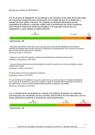 Escrito por j.muñoz el 18/11/2012


2.5. En el tema de adaptación de los edificios y las viviendas, la ley hasta ahora sólo exige
las inversiones necesarias para conservarlas con el objeto de que no se deterioren y,
puedan provocar daños a terceros. No obstante, es necesario plantearse que los
propietarios de edificios y viviendas costeen total o parcialmente las obras necesarias
para introducir mejoras de eficiencia energética, que supongan ahorro para sus
propietarios y mayor respeto al medio ambiente.

                                                                                                                     (1 /
                                 (13 / 62%)                                                (7 / 33%)
                                                                                                                     5%)


Valoraciones : 21

 Me parece interesante la idea, pero como supongo que el costo de esta adaptación sería elevado,
entiendo que debería haber ayudas en forma de subvención y/o desgravación. De lo contrario el esfuerzo
para muchas familias puede ser un imposible.
Escrito por fj.ortiz el 15/11/2012

 Nada que sea totalmente gratuito se valora convenientemente y resulta de justicia social.
Escrito por s.fernandez el 15/11/2012

 hay que ofrecer ayudas para que los propietarios, personas mayores o con recursos limitados, puedan
costear esas mejoras
Escrito por i.untzilla el 16/11/2012

   De acuerdo con los tres comentarios anteriores
Escrito por j.muñoz el 18/11/2012

    Las iniciativas de rehabilitación son justas, sobre todo si va unido a potenciar el trabajo rehabilitador
en el sector de la construcción, pero ello no debería ir unido a un posible afán recaudatorio por parte de
las instituciones, ya que a muchas familias podría causarles un perjuicio insostenible.
Escrito por mb.miguez el 21/11/2012



2.4. La existencia de cooperativas de vivienda o de edificios de alquiler con estancias
comunes para uso compartido (cocina, comedor, sala de tele o de informática etc.) es una
buena alternativa en general y, en particular, para la gente joven.

                             (12 / 57%)                                        (5 / 24%)                 (4 / 19%)


Valoraciones : 21




                                                                                                                78
            Informe de resultados [Consejo Municipal de Distrito 8 – Basurto-Zorroza]
 