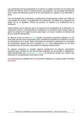 Las aportaciones de los participantes en la sesión se pueden encontrar en los anexos del
informe (ver Anexos. Acta con intervenciones). Se presentan los principales comentarios
para mostrar las diferentes posturas de los participantes en relación a una afirmación o
tema.

Una vez recogidos los comentarios y aportaciones los participantes valoran (por medio de
unas tarjetas de colores) la modificación de la afirmación. El gráfico de la valoración se
puede ver en el apartado “Grados de acuerdo en relación a la modificación de la
afirmación”.

Cabe destacar que en algunos casos, en función de la complexidad de la afirmación, se
confecciona más de una propuesta de modificación de afirmación para recoger mejor el
grado de consenso. En algunos casos, para llegar a un mayor consenso se realiza más
de una ronda de valoraciones.

En algunos casos se marca en azul aquellos comentarios generales (realizados en los
foros web) que han sido incorporados como comentarios específicos en relación a una de
las afirmaciones de un tema. Estos comentarios se muestran nuevamente en el apartado
de comentarios general del foro marcados en gris, para diferenciarlos de los otros
comentarios que no han sido mencionados o mostrados anteriormente.

En algunas ocasiones se recogen algunas aportaciones de algunos comentarios
realizados para añadirlas en las afirmaciones ampliadas sin ser llevadas a deliberación.
Estas aportaciones son coloreadas en verde y se incorporan porque son matices que
refuerzan y/o complementan la afirmación inicial.

Las traducciones al castellano de los comentarios realizados en euskera están marcadas
en granate.




                                                                                         8
         Informe de resultados [Consejo Municipal de Distrito 8 – Basurto-Zorroza]
 