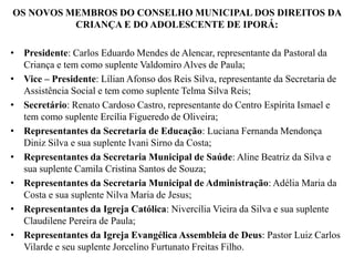 OS NOVOS MEMBROS DO CONSELHO MUNICIPAL DOS DIREITOS DA
CRIANÇA E DO ADOLESCENTE DE IPORÁ:
• Presidente: Carlos Eduardo Mendes de Alencar, representante da Pastoral da
Criança e tem como suplente Valdomiro Alves de Paula;
• Vice – Presidente: Lílian Afonso dos Reis Silva, representante da Secretaria de
Assistência Social e tem como suplente Telma Silva Reis;
• Secretário: Renato Cardoso Castro, representante do Centro Espírita Ismael e
tem como suplente Ercília Figueredo de Oliveira;
• Representantes da Secretaria de Educação: Luciana Fernanda Mendonça
Diniz Silva e sua suplente Ivani Sirno da Costa;
• Representantes da Secretaria Municipal de Saúde: Aline Beatriz da Silva e
sua suplente Camila Cristina Santos de Souza;
• Representantes da Secretaria Municipal de Administração: Adélia Maria da
Costa e sua suplente Nilva Maria de Jesus;
• Representantes da Igreja Católica: Nivercília Vieira da Silva e sua suplente
Claudilene Pereira de Paula;
• Representantes da Igreja Evangélica Assembleia de Deus: Pastor Luiz Carlos
Vilarde e seu suplente Jorcelino Furtunato Freitas Filho.
 