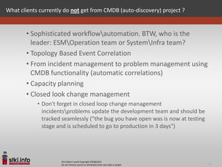 What clients currently do not get from CMDB (auto-discovery) project ?


       • Sophisticated workflowautomation. BTW, who is the
         leader: ESMOperation team or SystemInfra team?
       • Topology Based Event Correlation
       • From incident management to problem management using
         CMDB functionality (automatic correlations)
       • Capacity planning
       • Closed look change management
            • Don't forget in closed loop change management
              incidentsproblems update the development team and should be
              tracked seamlessly ("the bug you have open was is now at testing
              stage and is scheduled to go to production in 3 days")




                     Pini Cohen’s work Copyright STKI@2012
                     Do not remove source or attribution from any slide or graph   18
 