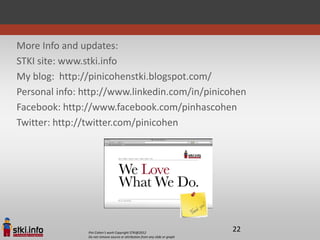 More Info and updates:
STKI site: www.stki.info
My blog: http://pinicohenstki.blogspot.com/
Personal info: http://www.linkedin.com/in/pinicohen
Facebook: http://www.facebook.com/pinhascohen
Twitter: http://twitter.com/pinicohen




               Pini Cohen’s work Copyright STKI@2012
                                                                             22
               Do not remove source or attribution from any slide or graph
 