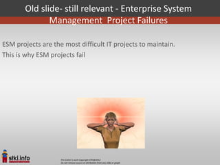 Old slide- still relevant - Enterprise System
              Management Project Failures

ESM projects are the most difficult IT projects to maintain.
This is why ESM projects fail




                    Pini Cohen’s work Copyright STKI@2012
                    Do not remove source or attribution from any slide or graph
 