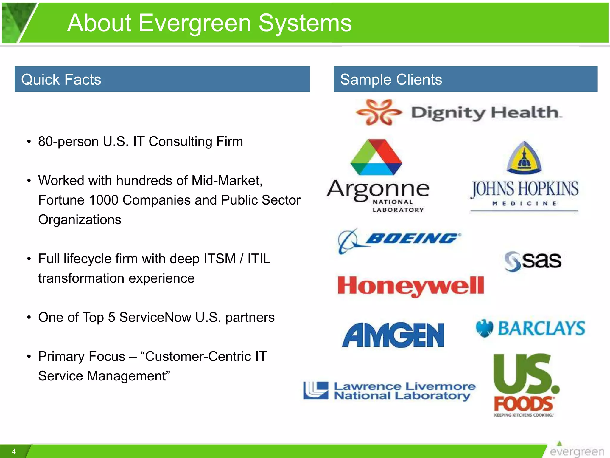• 80-person U.S. IT Consulting Firm
• Worked with hundreds of Mid-Market,
Fortune 1000 Companies and Public Sector
Organizations
• Full lifecycle firm with deep ITSM / ITIL
transformation experience
• One of Top 5 ServiceNow U.S. partners
• Primary Focus – “Customer-Centric IT
Service Management”
4
About Evergreen Systems
Sample ClientsQuick Facts
 