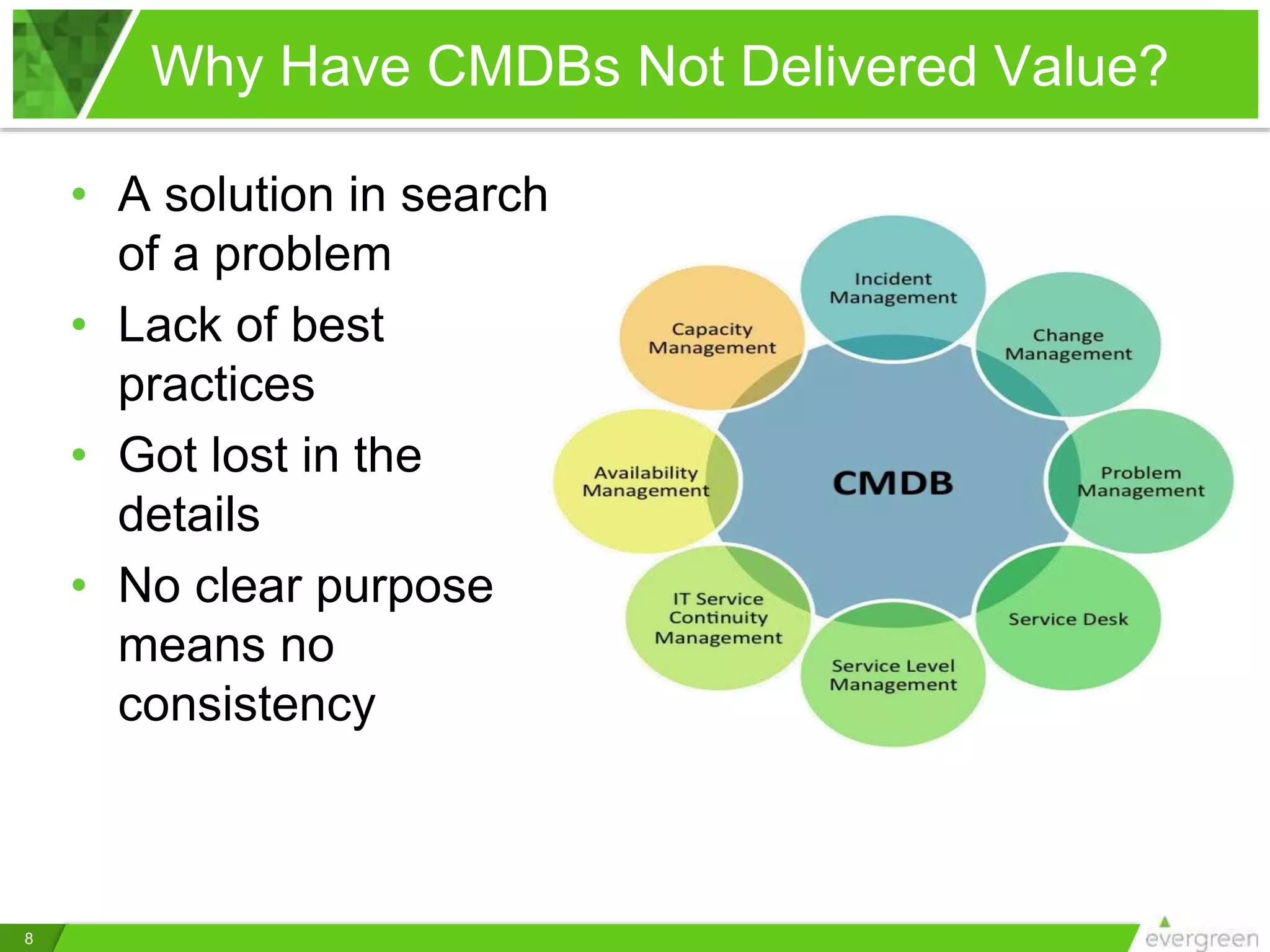 Why Have CMDBs Not Delivered Value?
8
• A solution in search
of a problem
• Lack of best
practices
• Got lost in the
details
• No clear purpose
means no
consistency
 