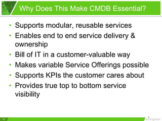 Why Does This Make CMDB Essential?
12
• Supports modular, reusable services
• Enables end to end service delivery &
ownership
• Bill of IT in a customer-valuable way
• Makes variable Service Offerings possible
• Supports KPIs the customer cares about
• Provides true top to bottom service
visibility
 