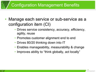 Configuration Management Benefits
14
• Manage each service or sub-service as a
configuration item (CI)
• Drives service consistency, accuracy, efficiency,
agility, reuse
• Promotes customer alignment end to end
• Drives 80/20 thinking down into IT
• Enables manageability, measurability & change
• Improves ability to “think globally, act locally”
 