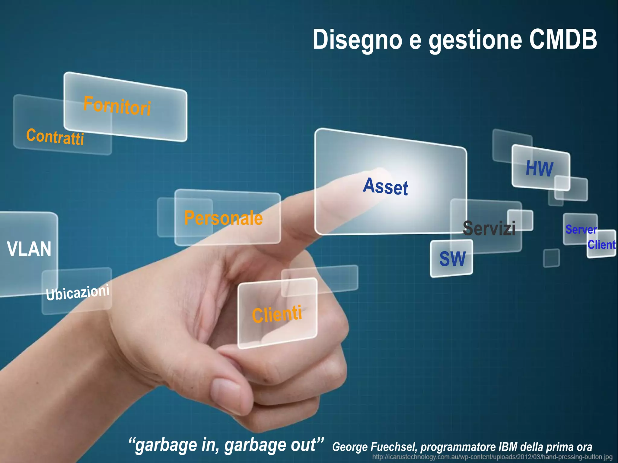 Disegno e gestione CMDB

         Fornitori
 Contratti
                                                                                  HW
                                                  Asset
                        Personale
                                                                      Servizi            Server
VLAN                                                             SW
                                                                                             Client



    Ubicazioni
                                Clienti




                 “garbage in, garbage out”   George Fuechsel, programmatore IBM della prima ora
 