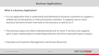 © 2015 ServiceNow All Rights Reserved 16Confidential
Business Applications
• It is an application that is understood and delivered to business customers to support a
related set of interactions or internal business activities. It supports one or more
business functions known internally to the business as well as to IT.
• The business layers are often underpinned by one or more IT services and supports
peer-2-peer relationships to model dependencies and drive improved impact analysis.
• Examples are Customer Management and Human Resources
What is a Business Application?
 