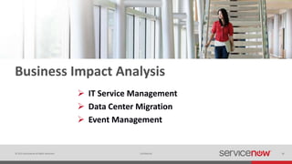 © 2015 ServiceNow All Rights Reserved 18Confidential 18
Business Impact Analysis
 IT Service Management
 Data Center Migration
 Event Management
 