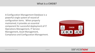 © 2015 ServiceNow All Rights Reserved 2Confidential
What is a CMDB?
A Configuration Management Database is a
powerful single system of record of
configuration items. When properly
maintained, it provides an essential
component for successful deployment of IT
Operations Management, IT Service
Management, Asset Management,
Compliance and Configuration Management.
CMDB
 