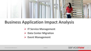 © 2015 ServiceNow All Rights Reserved 8Confidential 8
Business Application Impact Analysis
 IT Service Management
 Data Center Migration
 Event Management
 