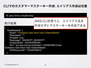 CLIでのカスタマーマスターキー作成: エイリアス作成は任意
41Ⓒ Classmethod, Inc.
% aws kms create-key
{
"KeyMetadata": {
"KeyId": "1234abcd-12ab-34cd-12ab-123abc456dab",
"Description": "",
"Enabled": true,
"KeyUsage": "ENCRYPT_DECRYPT",
"CreationDate": 1427453438.697,
"Arn": "arn:aws:kms:ap-northeast-1:123456789012:key/
1234abcd-12ab-34cd-12ab-123abc456dab",
"AWSAccountId": "123456789012"
}
AWS-CLIを使うと，エイリアス名を 
作成せずにマスターキーを作成できる
実行結果
 