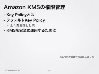 Amazon KMSの権限管理
• Key Policyとは
• デフォルトKey Policy
• よくある落とし穴
• KMSを安全に運用するために
53Ⓒ Classmethod, Inc.
※Grantの話は今回省略しました
 