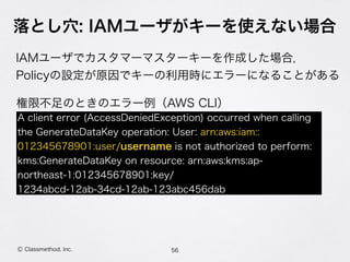 落とし穴: IAMユーザがキーを使えない場合
56Ⓒ Classmethod, Inc.
A client error (AccessDeniedException) occurred when calling
the GenerateDataKey operation: User: arn:aws:iam::
012345678901:user/username is not authorized to perform:
kms:GenerateDataKey on resource: arn:aws:kms:ap-
northeast-1:012345678901:key/
1234abcd-12ab-34cd-12ab-123abc456dab
権限不足のときのエラー例（AWS CLI）
IAMユーザでカスタマーマスターキーを作成した場合，
Policyの設定が原因でキーの利用時にエラーになることがある
 