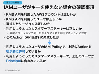 IAMユーザがキーを使えない場合の確認事項
57Ⓒ Classmethod, Inc.
• KMS APIを利用したAWSアカウントは正しいか
• KMS APIを利用したユーザは正しいか
• 選択したリージョンは正しいか
• 利用しようとしたカスタマーマスターキーは正しいか
• 異なるリージョンで同一のエイリアス名を利用できることに注意
• どのAction (API操作) に失敗したか
• 利用しようとしたユーザのIAM Policyで，上記のActionを 
明示的に許可しているか
• 利用しようとしたカスタマーマスターキーで，上記のユーザが 
Principalに含まれているか
落とし穴解説
 