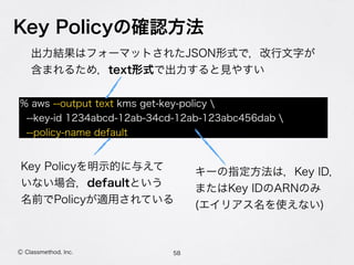 Key Policyの確認方法
58Ⓒ Classmethod, Inc.
% aws --output text kms get-key-policy 
--key-id 1234abcd-12ab-34cd-12ab-123abc456dab 
--policy-name default
出力結果はフォーマットされたJSON形式で，改行文字が 
含まれるため，text形式で出力すると見やすい
キーの指定方法は，Key ID， 
またはKey IDのARNのみ
(エイリアス名を使えない)
Key Policyを明示的に与えて 
いない場合，defaultという 
名前でPolicyが適用されている
 