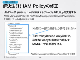 解決法(1) IAM Policyの修正
IAMユーザ (あるいはユーザが所属するグループ) のPolicyを変更する
59Ⓒ Classmethod, Inc.
AWS Managed Policyの「AWSKeyManagementServicePowerUser」
を採用している場合は特に注意
"Eﬀect": "Allow",
"Action": [
"kms:CreateAlias",
"kms:CreateKey",
"kms:DeleteAlias",
"kms:Describe*",
"kms:GenerateRandom",
"kms:Get*",
"kms:List*",
"iam:ListGroups",
"iam:ListRoles",
"iam:ListUsers"
],
"Resource": "*"
KMSの一部の操作しか許可されない
AWSKeyManagementServicePowerUserから抜粋
このPolicyはread onlyなので，
必要なPolicyを新規に作成して 
IAMユーザに関連づける
落とし穴解説
 
