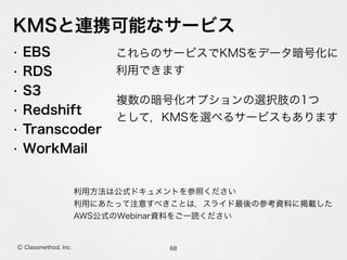 KMSと連携可能なサービス
• EBS
• RDS
• S3
• Redshift
• Transcoder
• WorkMail
68Ⓒ Classmethod, Inc.
これらのサービスでKMSをデータ暗号化に 
利用できます
利用方法は公式ドキュメントを参照ください
利用にあたって注意すべきことは，スライド最後の参考資料に掲載した 
AWS公式のWebinar資料をご一読ください
複数の暗号化オプションの選択肢の1つ 
として，KMSを選べるサービスもあります
 