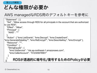 どんな権限が必要か
AWS managedなRDS用のデフォルトキーを参考に
72Ⓒ Classmethod, Inc.
落とし穴解説
"Statement" : [ {
"Sid" : "Allow access through RDS for all principals in the account that are authorized
to use RDS",
"Effect" : "Allow",
"Principal" : {
"AWS" : "*"
},
"Action" : [ "kms:ListGrants", "kms:Decrypt", "kms:CreateGrant",
"kms:GenerateDataKey*", "kms:ReEncrypt*", "kms:DescribeKey", "kms:Encrypt" ],
"Resource" : "*",
"Condition" : {
"StringEquals" : {
"kms:ViaService" : "rds.ap-northeast-1.amazonaws.com",
"kms:CallerAccount" : "012345678901"
}
}
}] RDSが透過的に暗号化/復号するためのPolicyが必要
 