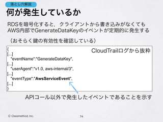 何が発生しているか
RDSを暗号化すると，クライアントから書き込みがなくても 
AWS内部でGenerateDataKeyのイベントが定期的に発生する
（おそらく の有効性を確認している）
74Ⓒ Classmethod, Inc.
落とし穴解説
{
[...]
"eventName":"GenerateDataKey",
[...]
"userAgent":"v1.0, aws-internal/3",
[...]
"eventType":"AwsServiceEvent",
[...] 
}
CloudTrailログから抜粋
APIコール以外で発生したイベントであることを示す
 