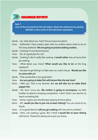 Grammar review
Garda : So, what about you Yana? Do you have any plans?
Yana : Definitely! I have made a plan with my mother about what to do on
this long weekend. We are going to practice baking cookies.
Garda : Cooking? It sounds boring too!
Yana : No. It’s good plan for me!
Garda : Cooking? I don’t really like cooking. I would rather stay at home than
go cooking.
Yana : What about you, Kisno? What would you like to do on the long
weekend?
Kisno : We plan to go fishing in a lake near my uncle’s house. Would you like
to come with us?
Garda : That sounds like a very good plan!
Yana : Are you going to bake fish with lemon like the last time?
Kisno : Well, yes. That is my favorite. But we will also try to make black
pepper fish.
Garda : Oh, how I envy you. My mother is going to accompany my little
brother to attend a drawing competition. I don’t think I can ask her to
teach me baking fish.
Yana : Ha ha, I guess you should enjoy staying at home alone.
Kisno : Oh, would you like to join me to learn fishing? You can come to my
house.
Yana : It’s a good idea! Or will you go cooking with me and my mother?
Garda : Uhm, not cooking I guess. But I think I would like to learn fishing
with Kisno. Thanks for asking me to join you Kisno.
F
Task 1:
Look at the excerpt from the text below. Study the sentences by paying
attention to the words in the bold type-expression.
 