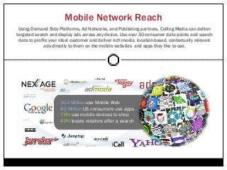 Mobile Network Reach
 Using Demand Side Platforms, Ad Networks, and Publishing partners, Colling Media can deliver
targeted search and display ads across any device. Use over 30 consumer data points and search
 data to profile your ideal customer and deliver rich media, location-based, contextually relevant
              ads directly to them on the mobile websites and apps they like to use.




                      150 Million use Mobile Web
                      80 Million US consumers use apps
                      79% use mobile devices to shop
                      49% locate retailers after a search
 