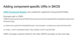 Adding component-specific URIs in SKOS
CMDI Component Registry was created for registered Components/Profiles
Example path in CMDI:
/CMD/Components/corpusProfile/resourceCommonInfo/metadataInfo/metadataCreator/actor
Info/actorType
ns.dataverse.org/cmdi1/metadataCreator skos:broader ns.dataverse.org/cmdi1/actorInfo
or simply: cmdi1:metadataCreator skos:related cmdi1:corpusProfile
CMDI concepts could be linked to the other SKOS concepts on the next step.
 