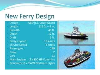 New Ferry Design
•   Design        ABS/U.S. Coast Guard
•   Length                116 ft. – 6 in.
•   Breadth                        48 ft.
•   Depth                          12 ft.
•   Draft                           9 ft.
•   Design Speed              10 knots
•   Service Speed               8 knots
•   Passengers                      149
•   Crew                                2
•   Cars                              23
•   Main Engines 2 x 850 HP Cummins
•   Generators2 x 55kW Northern Lights
 