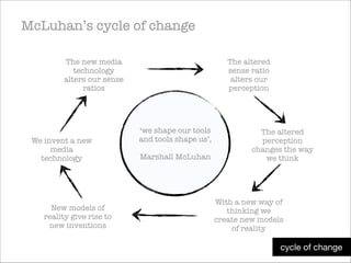 McLuhan’s cycle of change
The new media
technology
alters our sense
ratios

We invent a new
media
technology

New models of
reality give rise to
new inventions

The altered
sense ratio
alters our
perception

‘we shape our tools
and tools shape us’,

!

Marshall McLuhan

The altered
perception
changes the way
we think

With a new way of
thinking we
create new models
of reality

cycle of change

 