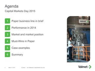 Agenda
Capital Markets Day 2015
March 19, 2015 © Valmet | Jari Vähäpesola, Capital Markets Day 20152
1 Paper business line...