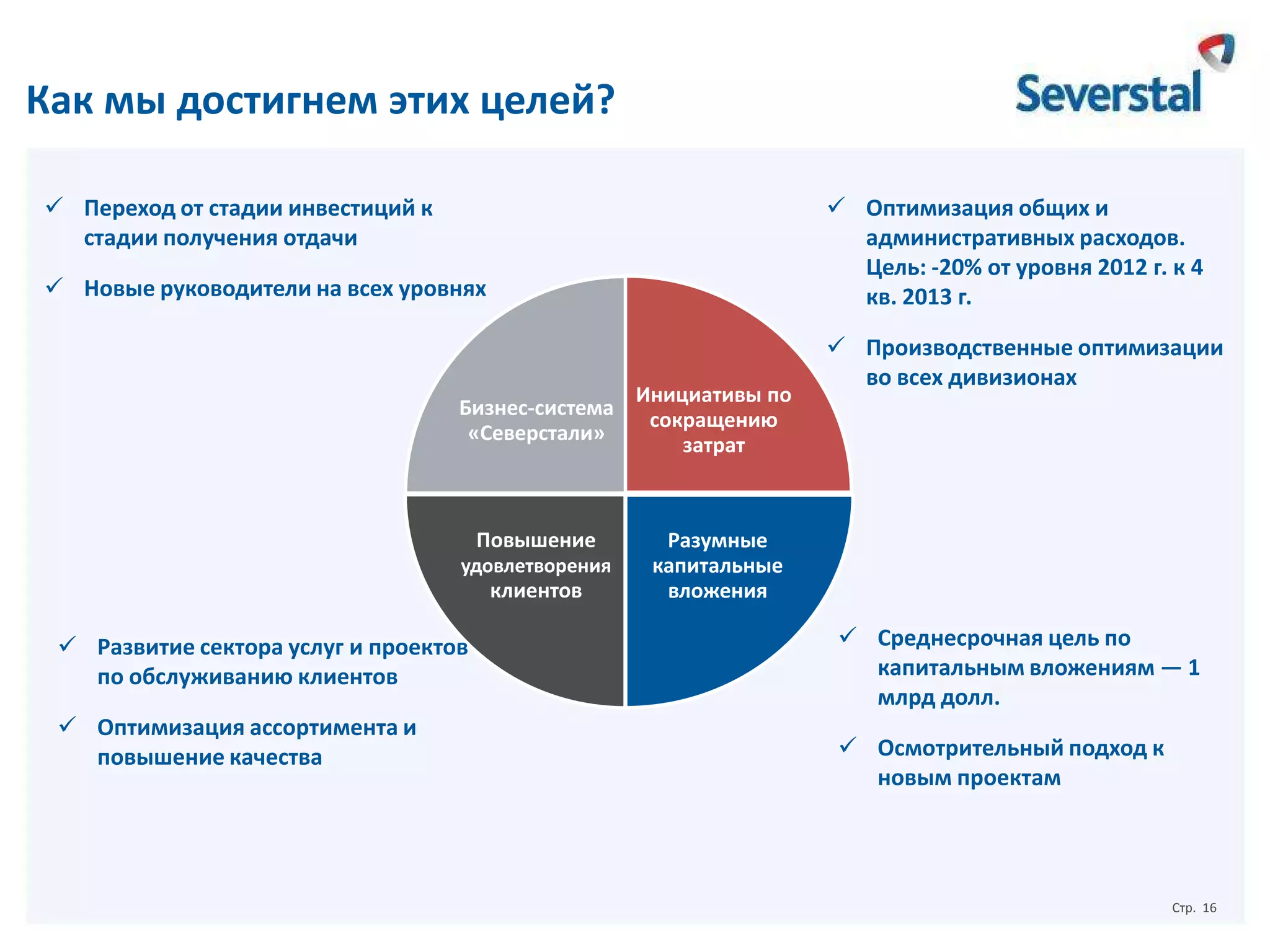 Как мы достигнем этих целей?
 Переход от стадии инвестиций к
стадии получения отдачи

 Оптимизация общих и
административных расходов.
Цель: -20% от уровня 2012 г. к 4
кв. 2013 г.

 Новые руководители на всех уровнях

Бизнес-система
«Северстали»

Повышение
удовлетворения

клиентов

 Развитие сектора услуг и проектов
по обслуживанию клиентов
 Оптимизация ассортимента и
повышение качества

Инициативы по
сокращению
затрат

 Производственные оптимизации
во всех дивизионах

Разумные
капитальные
вложения

 Среднесрочная цель по
капитальным вложениям — 1
млрд долл.
 Осмотрительный подход к
новым проектам

Стр. 16

 