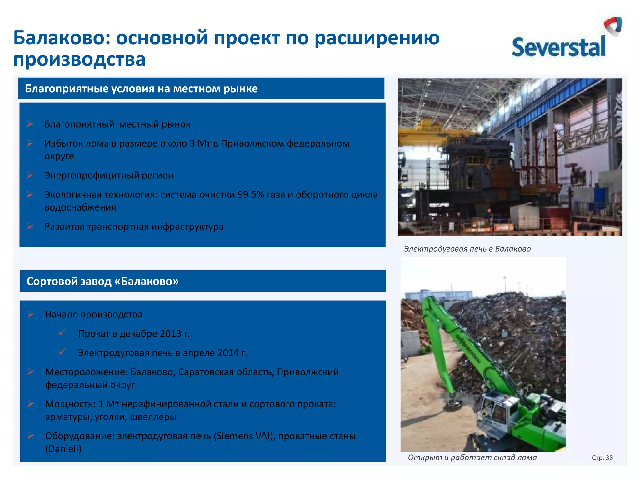 Балаково: основной проект по расширению
производства
Благоприятные условия на местном рынке
 Благоприятный местный рынок

 Избыток лома в размере около 3 Мт в Приволжском федеральном
округе
 Энергопрофицитный регион
 Экологичная технология: система очистки 99.5% газа и оборотного цикла
водоснабжения
 Развитая транспортная инфраструктура
Электродуговая печь в Балаково

Сортовой завод «Балаково»
 Начало производства


Прокат в декабре 2013 г.



Электродуговая печь в апреле 2014 г.

 Местороложение: Балаково, Саратовская область, Приволжский
федеральный округ
 Мощность: 1 Мт нерафинированной стали и сортового проката:
арматуры, уголки, швеллеры
 Оборудование: электродуговая печь (Siemens VAI), прокатные станы
(Danieli)

Открыт и работает склад лома

Стр. 38

 