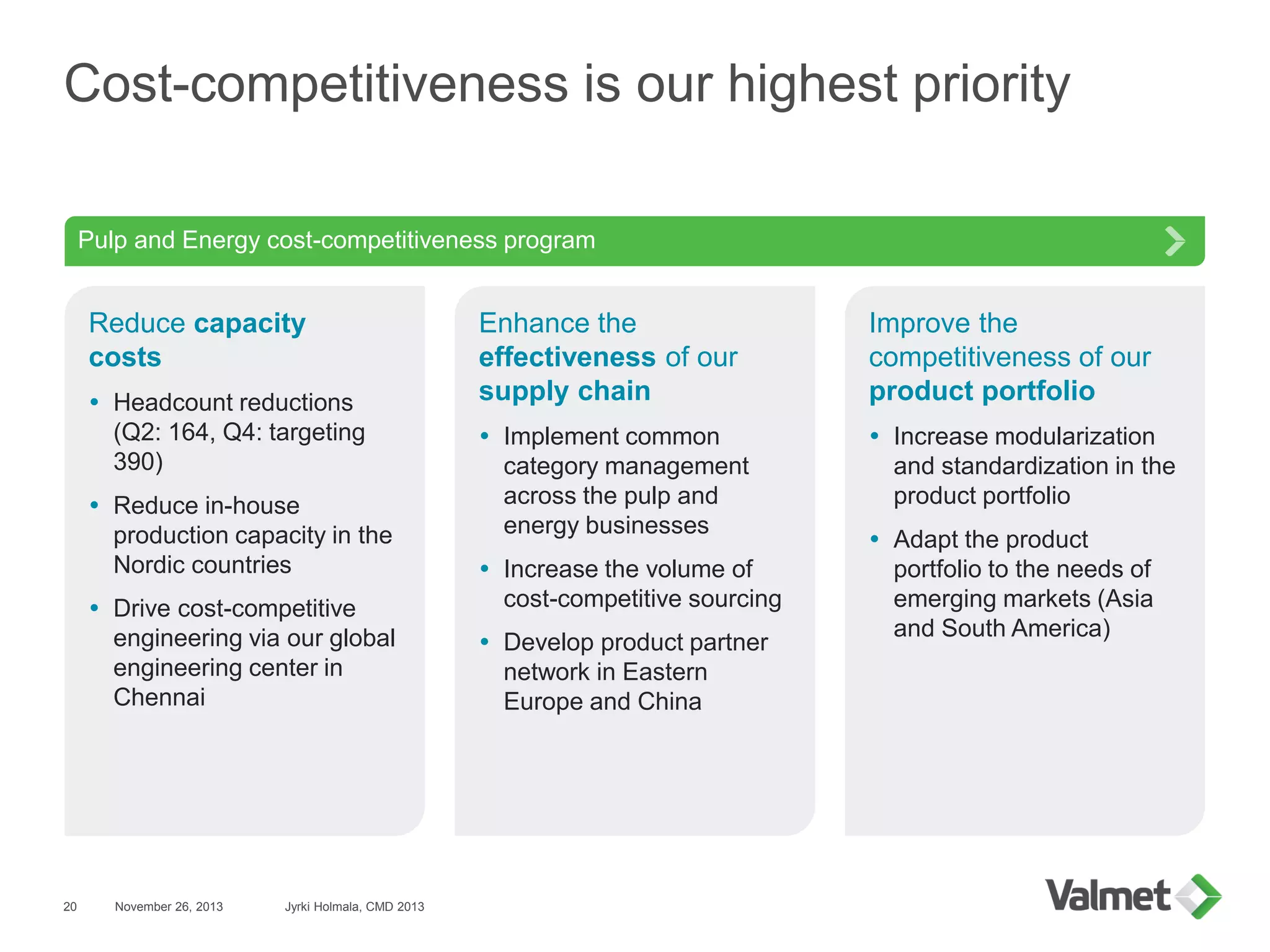 Cost-competitiveness is our highest priority
20
Reduce capacity
costs
 Headcount reductions
(Q2: 164, Q4: targeting
390)
 Reduce in-house
production capacity in the
Nordic countries
 Drive cost-competitive
engineering via our global
engineering center in
Chennai
Pulp and Energy cost-competitiveness program
Enhance the
effectiveness of our
supply chain
 Implement common
category management
across the pulp and
energy businesses
 Increase the volume of
cost-competitive sourcing
 Develop product partner
network in Eastern
Europe and China
Improve the
competitiveness of our
product portfolio
 Increase modularization
and standardization in the
product portfolio
 Adapt the product
portfolio to the needs of
emerging markets (Asia
and South America)
November 26, 2013 Jyrki Holmala, CMD 2013
 