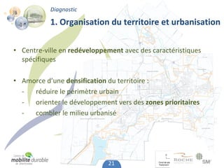Diagnostic

           1. Organisation du territoire et urbanisation

• Centre‐ville en redéveloppement avec des caractéristiques 
  spécifiques

• Amorce d’une densification du territoire :
  ‐  réduire le périmètre urbain
  ‐  orienter le développement vers des zones prioritaires
  ‐  combler le milieu urbanisé




                              21
 