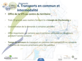 Diagnostic
             4. Transports en commun et 
             intermodalité
• Offre de la STS au centre du territoire

‐   Trois (3) grands axes routiers formant le « triangle de Sherbrooke »

‐   Concentration de la demande à certaines périodes

‐   Offre importante sur certains axes à certaines périodes (ex. doubleurs 
    pendant l’année scolaire)

‐   Temps de parcours du transport en commun non compétitifs en raison de 
    l’absence de mesures prioritaires pour les autobus




                                      31
 