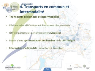 Diagnostic
             4. Transports en commun et 
             intermodalité
• Transports régionaux et intermodalité

•   Résidents des MRC entourant Sherbrooke bien desservis

•   Offre importante et performante vers Montréal

•   Besoin d’une synchronisation des horaires ni de tarif intégré

•   Information multimodale : des efforts à accentuer




                                      34
 