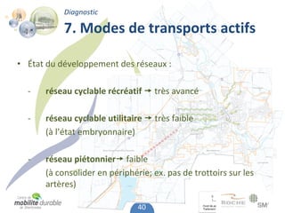 Diagnostic

           7. Modes de transports actifs

• État du développement des réseaux :

  ‐   réseau cyclable récréatif  très avancé

  ‐   réseau cyclable utilitaire  très faible
      (à l’état embryonnaire)

  ‐   réseau piétonnier faible
      (à consolider en périphérie; ex. pas de trottoirs sur les 
      artères)

                               40
 