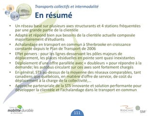 Transports collectifs et intermodalité

              En résumé
• Un réseau basé sur plusieurs axes structurants et 4 stations fréquentées
  par une grande partie de la clientèle
• Adapté et répond bien aux besoins de la clientèle actuelle composée
  majoritairement d’étudiants
• Achalandage en transport en commun à Sherbrooke en croissance
  constante depuis le Plan de Transport de 2006
• Effet pervers : pour les lignes desservant les pôles majeurs de
  déplacement, les places résiduelles en pointe sont quasi inexistantes
• Déploiement d’une offre parallèle avec « doubleurs » pour répondre à la
  demande; les autobus circulant sur ces axes sont fortement chargés
• En général, STS au-dessus de la moyenne des réseaux comparables, tant
  canadiens que québécois, en matière d’offre de service, de coût du
  déplacement à la charge de la collectivité,…
• Approche partenariale de la STS innovante et solution performante pour
  développer la clientèle et l’achalandage dans le transport en commun




                                     111
 