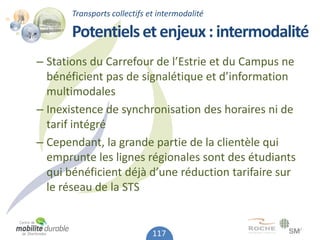 Transports collectifs et intermodalité

       Potentiels et enjeux : intermodalité
– Stations du Carrefour de l’Estrie et du Campus ne
  bénéficient pas de signalétique et d’information
  multimodales
– Inexistence de synchronisation des horaires ni de
  tarif intégré
– Cependant, la grande partie de la clientèle qui
  emprunte les lignes régionales sont des étudiants
  qui bénéficient déjà d’une réduction tarifaire sur
  le réseau de la STS


                              117
 