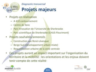 Diagnostic transversal

              Projets majeurs
• Projets en réalisation
   –   A 410 contournement
   –   Centre de foire
   –   Parc Innovation de l’Université de Sherbrooke
   –   Parc scientifique de Sherbrooke (CHUS-Fleurimont)
• Projets souhaités/annoncés
   – Construction axe René-Lévesque
   – Berge Sud (développement urbain mixte)
   – Requalification urbaine de la zone centrale
• Ces projets auront un impact important sur l'organisation du
  territoire et la mobilité : les orientations et les enjeux doivent
  tenir compte de cette réalité

                                       131
 