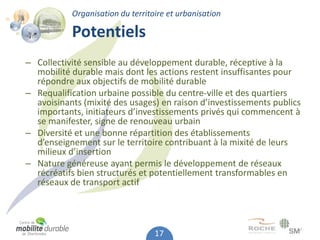 Organisation du territoire et urbanisation

           Potentiels
– Collectivité sensible au développement durable, réceptive à la
  mobilité durable mais dont les actions restent insuffisantes pour
  répondre aux objectifs de mobilité durable
– Requalification urbaine possible du centre-ville et des quartiers
  avoisinants (mixité des usages) en raison d’investissements publics
  importants, initiateurs d’investissements privés qui commencent à
  se manifester, signe de renouveau urbain
– Diversité et une bonne répartition des établissements
  d’enseignement sur le territoire contribuant à la mixité de leurs
  milieux d’insertion
– Nature généreuse ayant permis le développement de réseaux
  récréatifs bien structurés et potentiellement transformables en
  réseaux de transport actif




                                  17
 