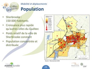 Mobilité et déplacements

               Population
• Sherbrooke :
  150 000 habitants
• Croissance plus rapide
  qu’autres villes du Québec
• Poids relatif de la ville de
  Sherbrooke constant
• Population concentrée et
  distribuée



                                     Source : Recensement 2006.




                                    23
 