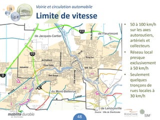Voirie et circulation automobile

Limite de vitesse
                                                                  • 50 à 100 km/h
                                                                    sur les axes
                                                                    autoroutiers,
                                                                    artériels et
                                                                    collecteurs
                                                                  • Réseau local
                                                                    presque
                                                                    exclusivement
                                                                    à 50 km/h
                                                                  • Seulement
                                                                    quelques
                                                                    tronçons de
                                                                    rues locales à
                                                                    30 km/h


                                   Source : Ville de Sherbrooke

                       48
 