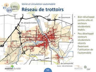 Voirie et circulation automobile

Réseau de trottoirs
                                                                  • Bien développé
                                                                    centre-ville et
                                                                    secteurs
                                                                    résidentiels
                                                                    établis
                                                                  • Peu développé
                                                                    secteurs
                                                                    résidentiels
                                                                    récents
                                                                    favorisant
                                                                    l’utilisation de
                                                                    l’automobile



                                   Source : Ville de Sherbrooke


                       50
 